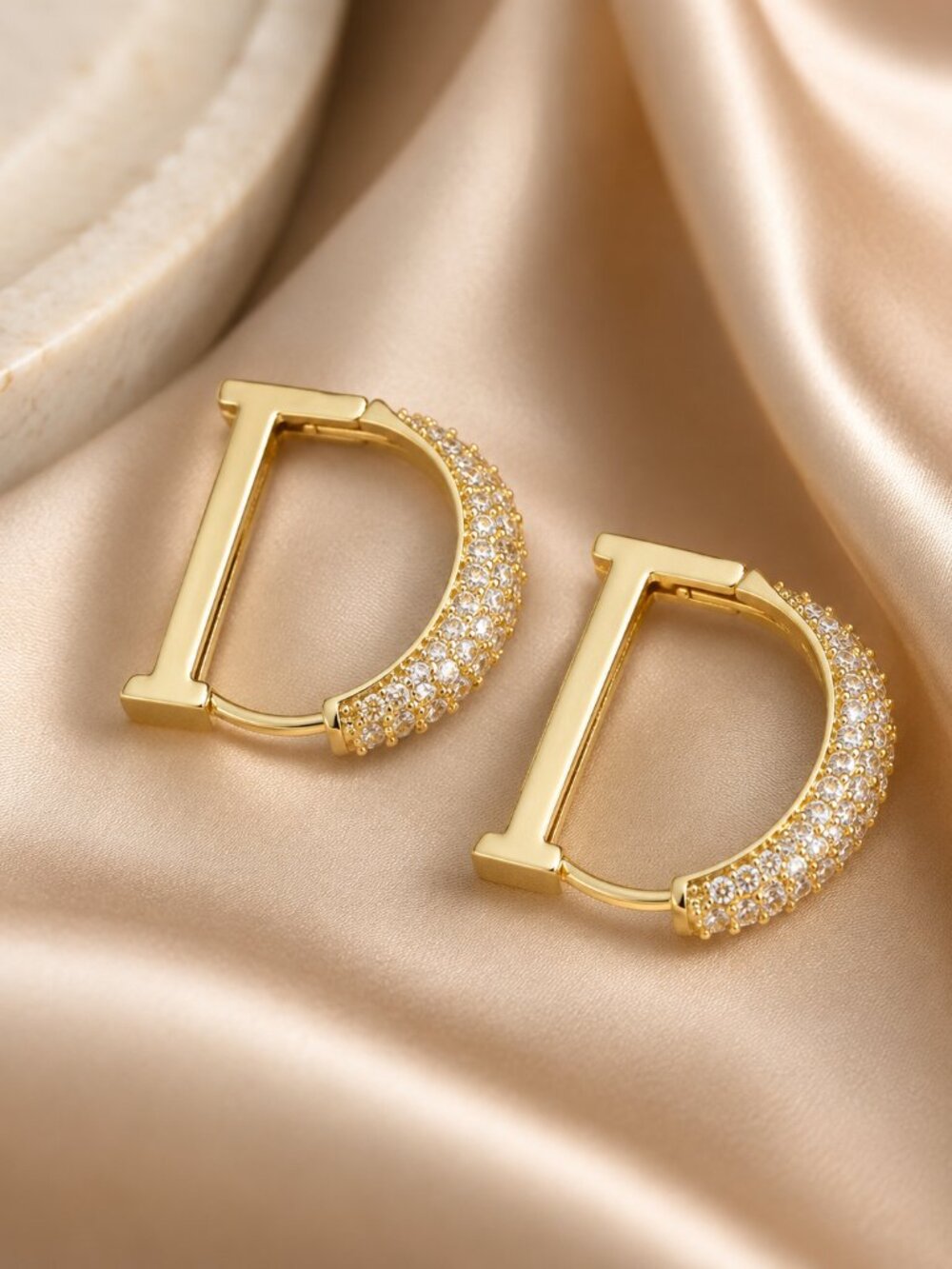 Gold Pave CZ D Shape Huggie Hoop Earrings Cubic Zirconia Statement Hoops